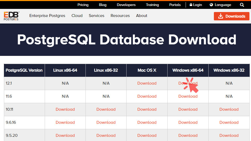 PostgreSQLインストーラのダウンロードページ